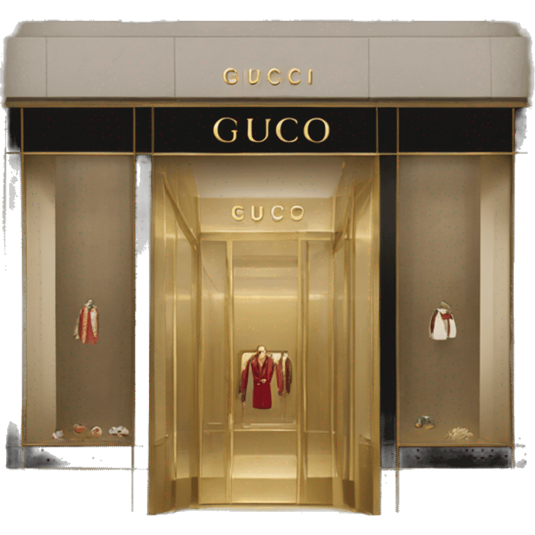 “Gucci store exterior with gold logo above entrance, large glass windows displaying luxury fashion, and elegant double doors.” emoji