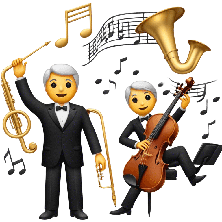 Create a sophisticated and elegant emoji that represents orchestration and arrangement. The design should feature a conductor’s baton, musical notes, and a symphonic score, symbolizing the process of arranging and orchestrating music. Incorporate instruments like a violin, trumpet, and piano keys subtly in the background, representing different sections of the orchestra. Use classical and refined colors such as gold, deep red, and black to evoke the grandeur and precision of orchestration. The background should be transparent. emoji