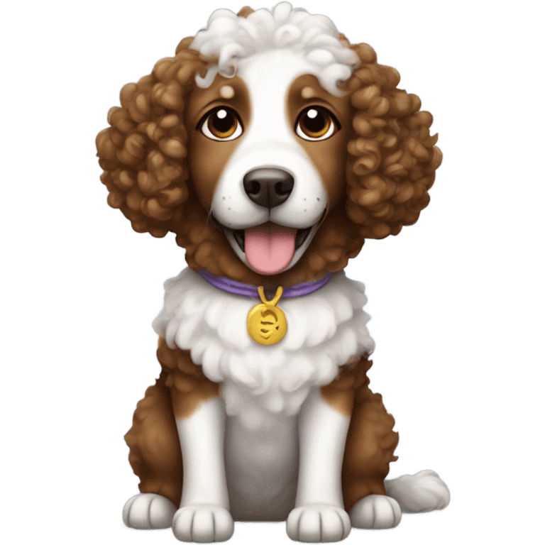 Brown and white curly haired dog with a costume emoji