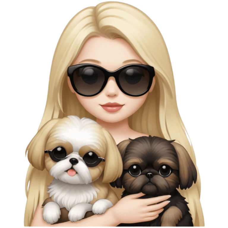 Blonde girl with long hair and pale skin and black sunglasses holding 1 tan Shih Tzu and 1 black Shih Tzu emoji