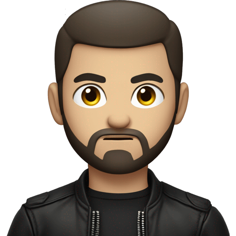 young man with very short dark brown hair and beard,buzzcut,  cool outfit, black leather jacket and black shirt underneath, evil look, angry look, very angry emoji