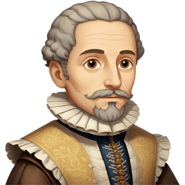 Cinematic Realistic Miguel de Cervantes Portrait Emoji, depicted as a wise thoughtful literary figure in period attire with a reflective gaze, rendered with detailed textures and soft historical lighting that captures his enduring literary legacy. emoji