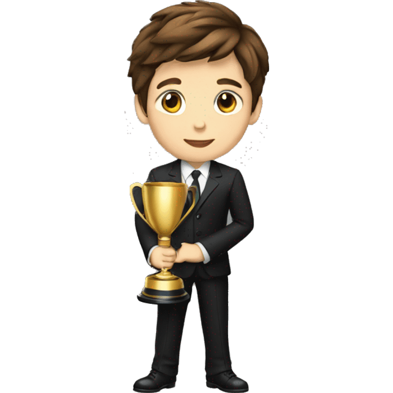 A boy with brown hair with a black suit holding a trophey, full body emoji