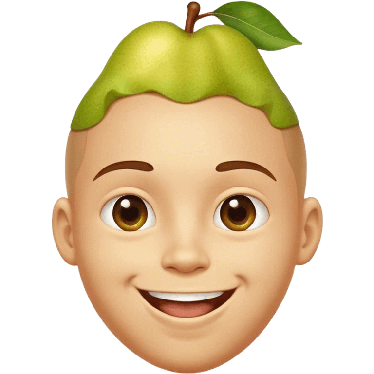 Make an image of a boy with a pear for a head with a super big smile emoji