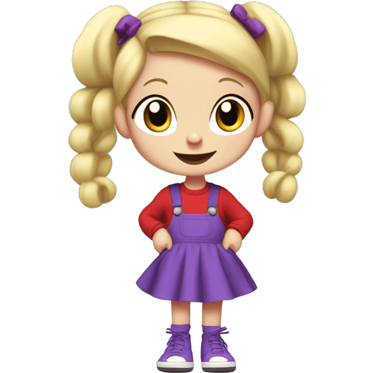 A little blonde girl with pigtails and little purple bows wearing a red long-sleeved shirt and purple overalls skirt with blue tights with green polka dots and purple sneakers, full body, rugrats emoji