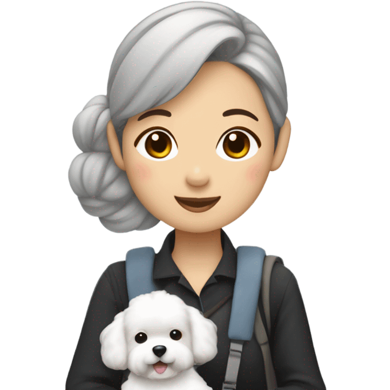 Hair-in-a-bun traveling Asian woman carrying a happy and cute Korean-style bichon frise emoji