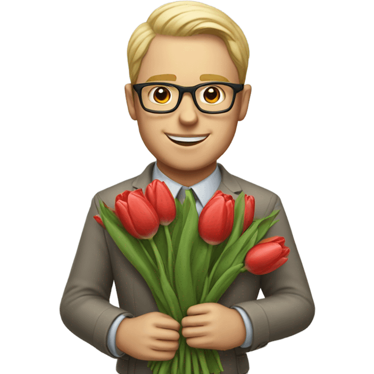 A white man with glasses holding a bouquet of tulips emoji