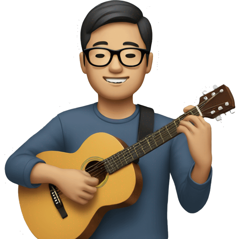 Asian man with round glasses playing a guitar.  emoji