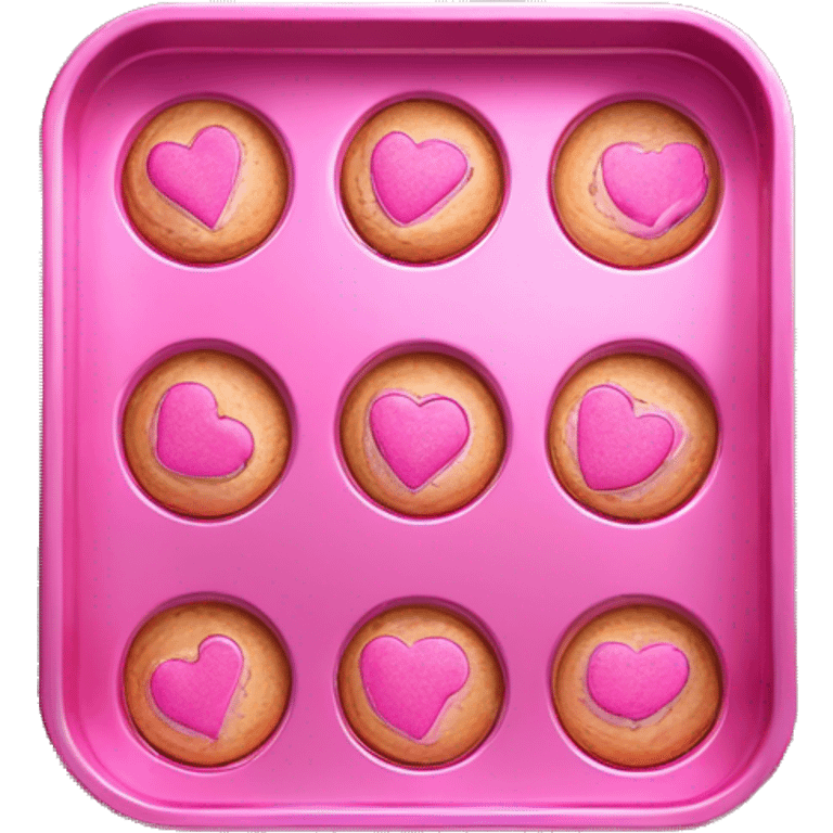 Realistic small isolated metallic pink baking pan with pink cookies inside.  emoji