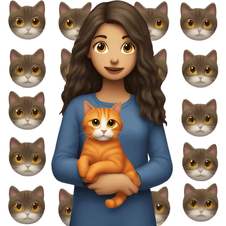 long haired brunette girl holding orange cat emoji