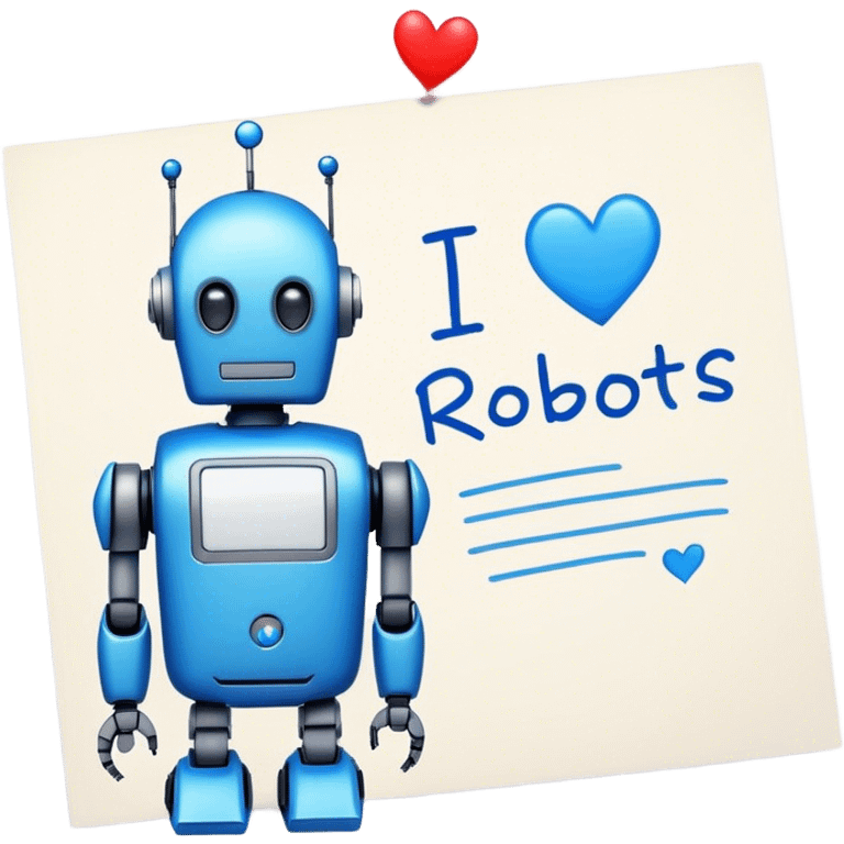 a note with "I love robots" text emoji