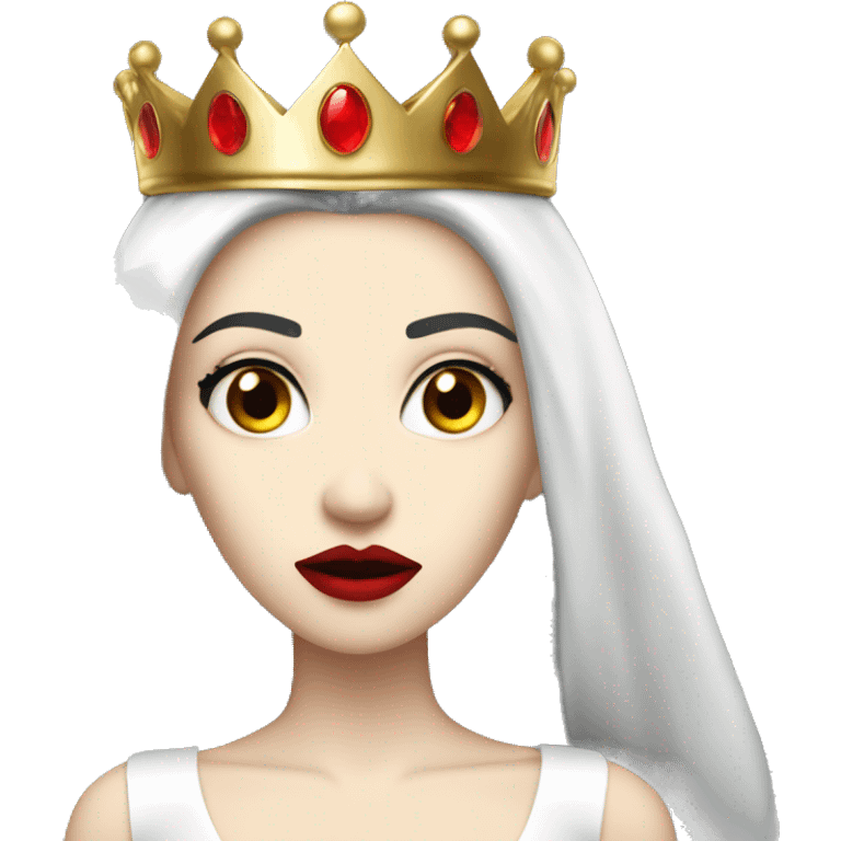 Queen with pale skin, long black hair, bright red lips, skinny gold crown, white dress, and evil stare.  emoji