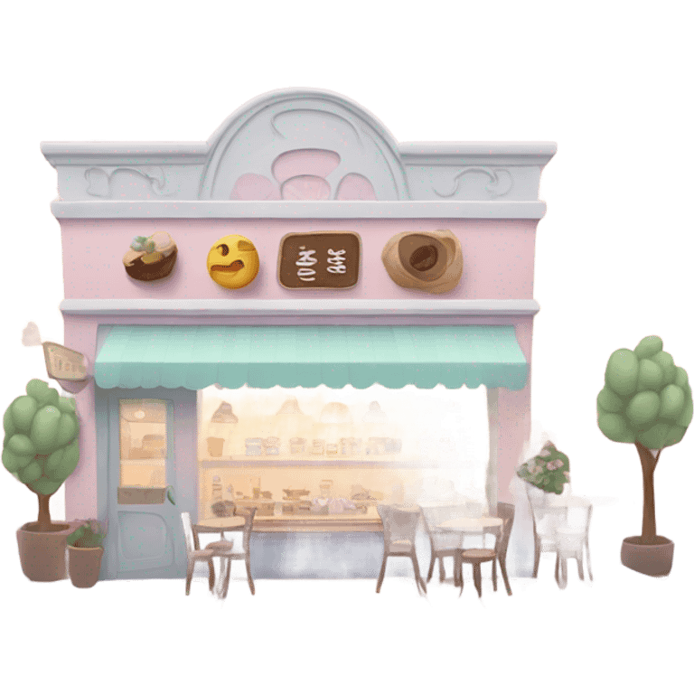 Cute little coffee shop in a city with pastel colors  emoji