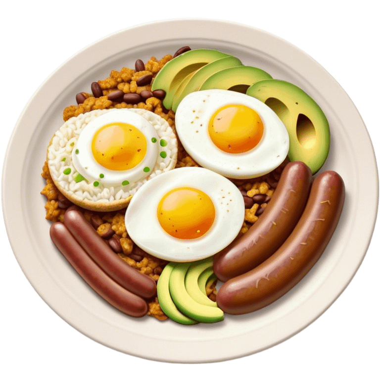 Bandeja Paisa Cinematic Realistic Bandeja Paisa Dish Emoji, depicted as a hearty platter featuring rice, beans, avocado slices, one sausage, a perfectly cooked egg, and crispy pork crackle, rendered with vivid textures and robust, inviting lighting. emoji