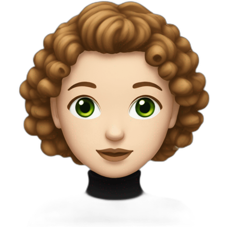 white girl with green eyes and curly brown mullet wearing a black turtleneck with heart eyes emoji