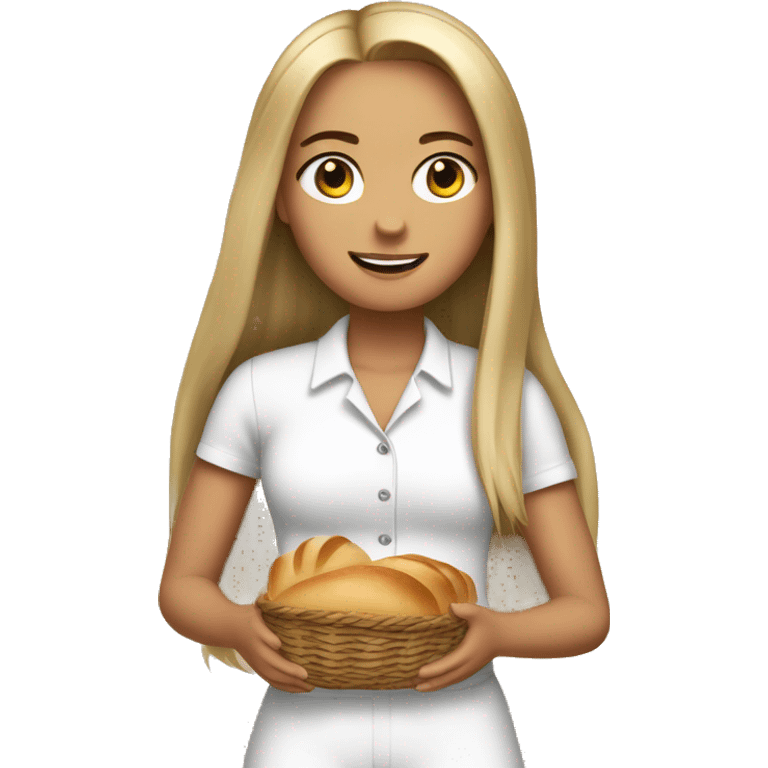 cute white girl, with jumpsuit, white shirt in it, long straight hair, holding a bread basket emoji