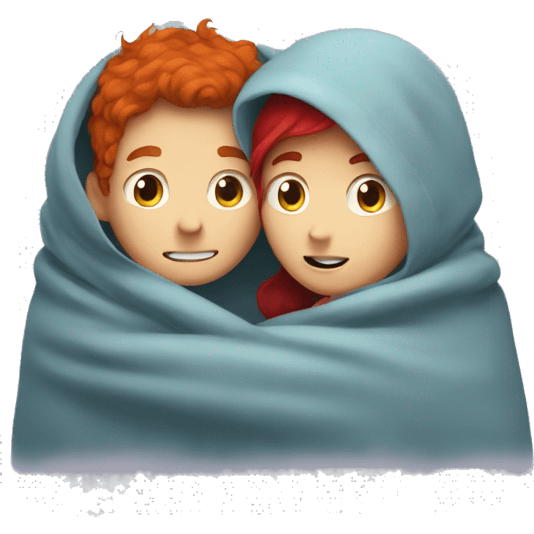 Mustache boy with red haired girl hug under a blanket  emoji