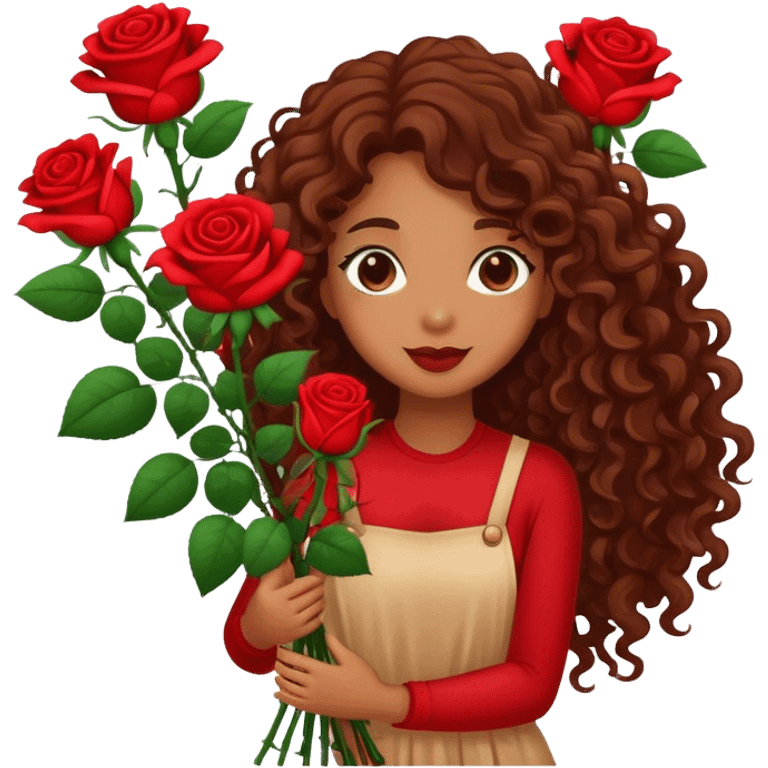 Brown girl with long curly hair holding red roses  emoji