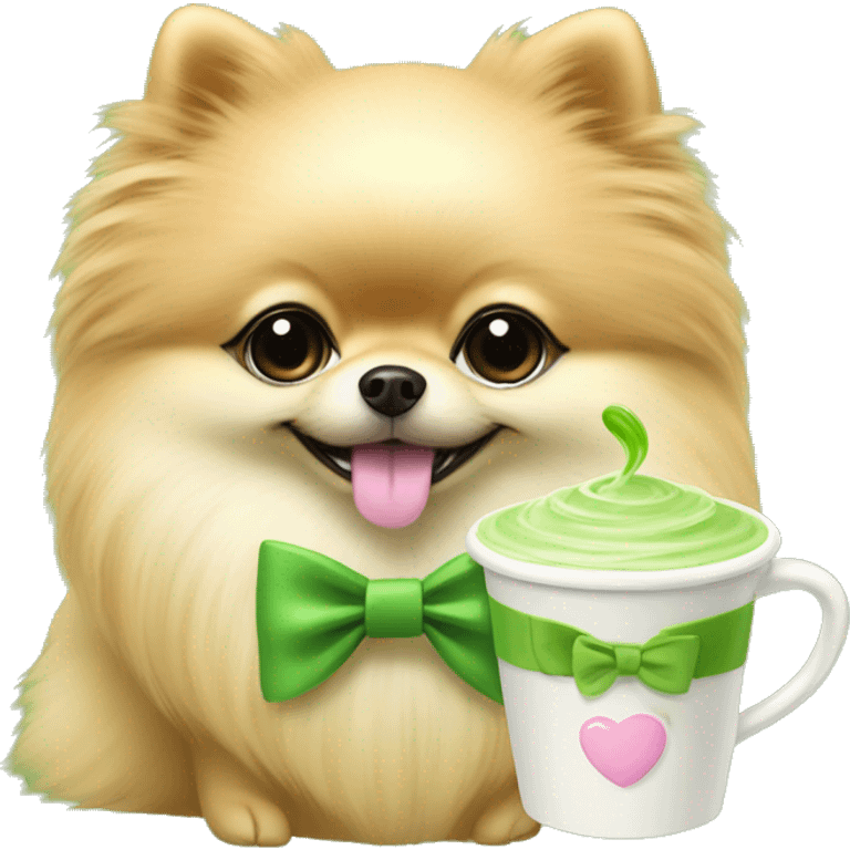 Pomeranian with a pink bow holding a matcha latte emoji