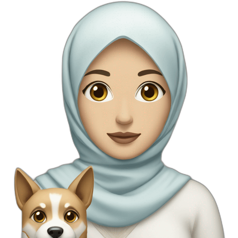 A Moroccan woman with black eyes, wearing hijab, with a dog in her arms being a blond husky with blue eyes, iPhone ios style emoji emoji