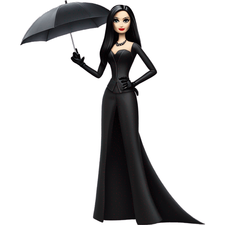 Stunning in the Spotlight Barbie, teen Morticia Addams,showing off, show full body,accessories  gloves umbrella  emoji