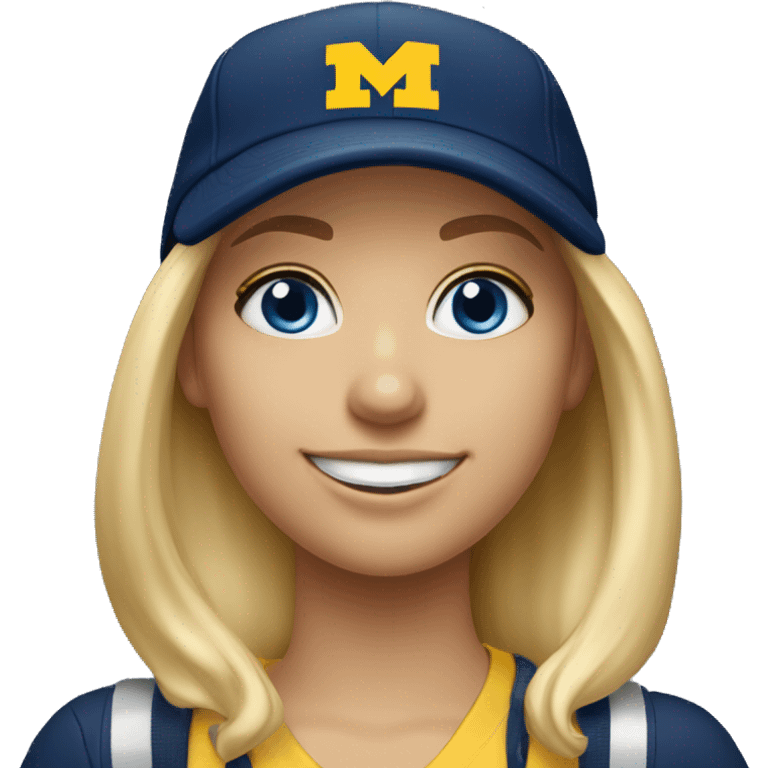 Blonde girl with blue eyes smiling wearing University of Michigan ball cap emoji