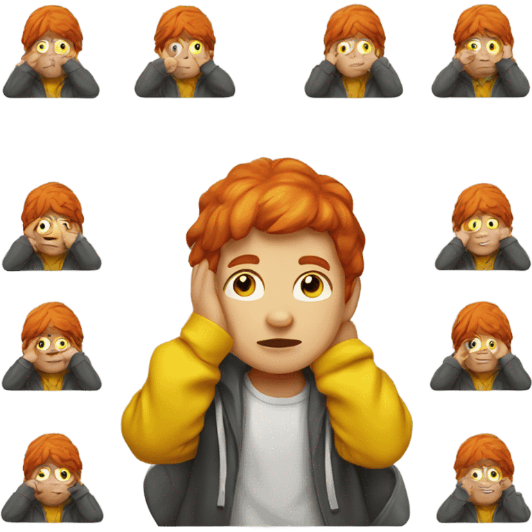 Red haired boy with yellow hoodie in thinking pose emoji