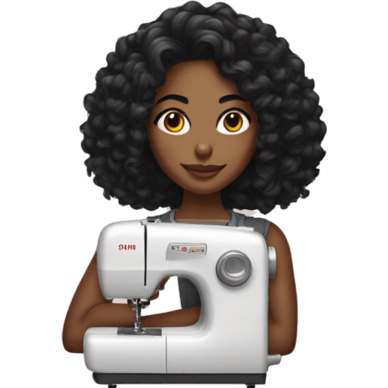 Medium skin Black woman with curly black hair medium length with sewing machine  emoji