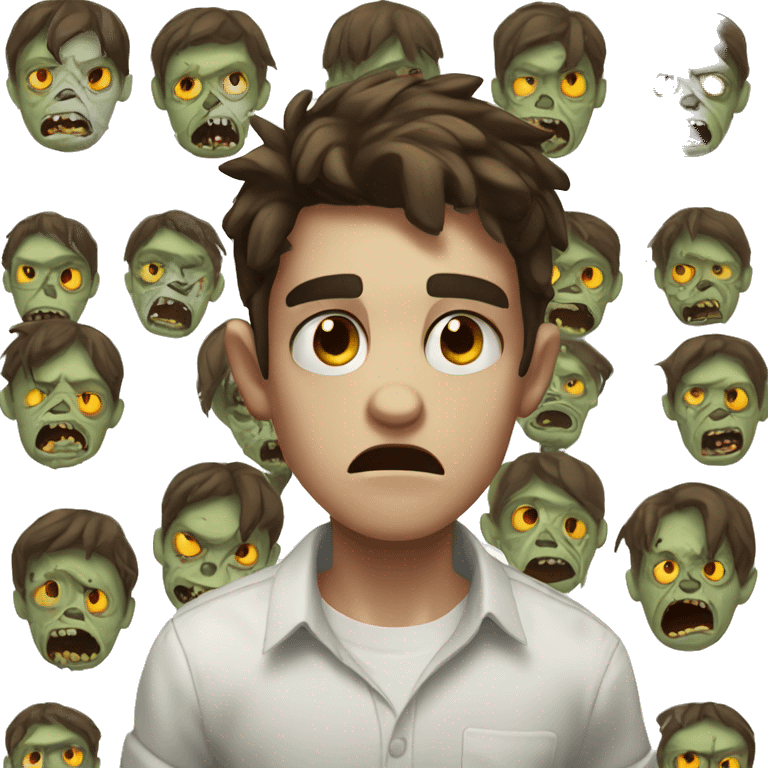 boy zombie teen with scared expression and dark brown hair and white slim shirt; brown eyes emoji