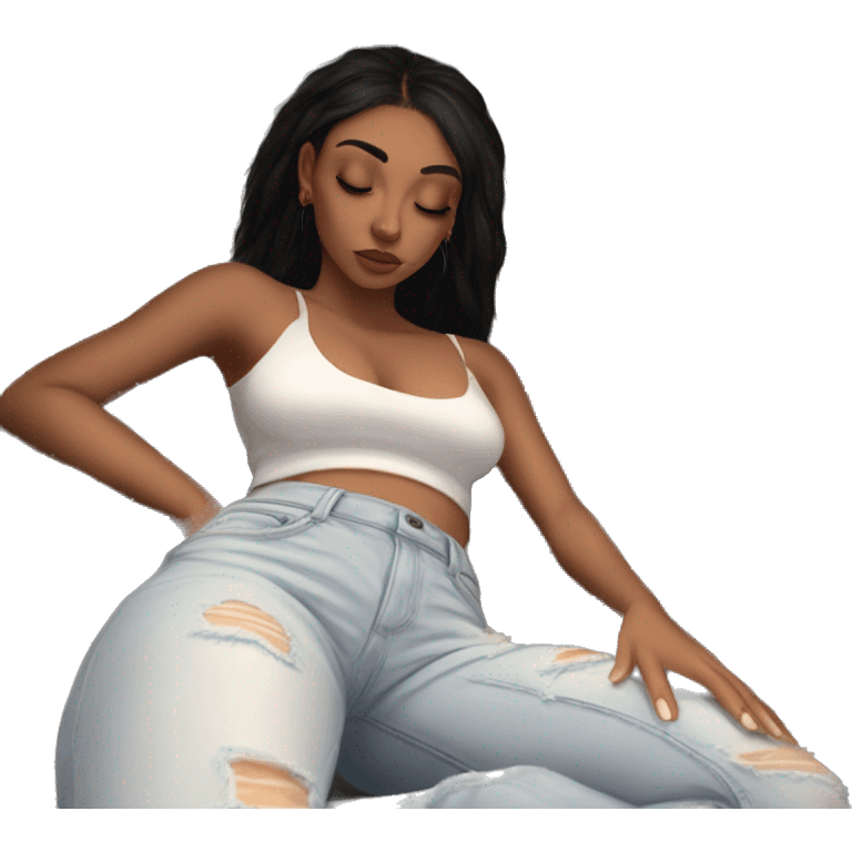 girl with baddie long lashes withh white crop top and with jeans on sleeping emoji