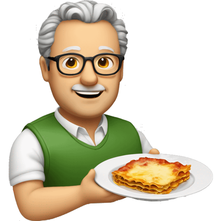 fat middle aged italian man with grey comb-back hair and glasses holding a plate of lasagna emoji