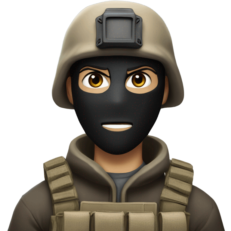 White male, call of duty black mask, camo tactical gear, tan combat boots, black beanie, blue eyes emoji