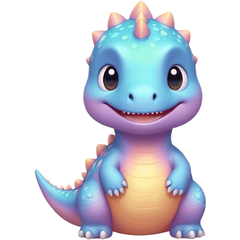 Cinematic tiny pastel dinosaur, chubby round body, tiny feet, big sparkling eyes, soft glowing colors, happy and friendly expression, radiating warmth. emoji