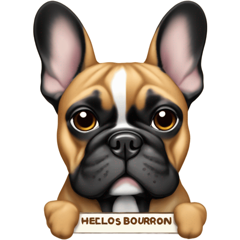 Black and Carmel colored french bulldog with a work name tag that says hello my name is bourbon  emoji