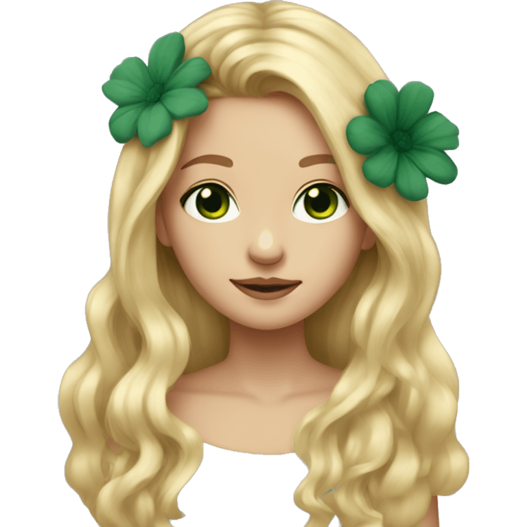 Young woman, long blond hair, dark green eyes and a flower in her hair  emoji