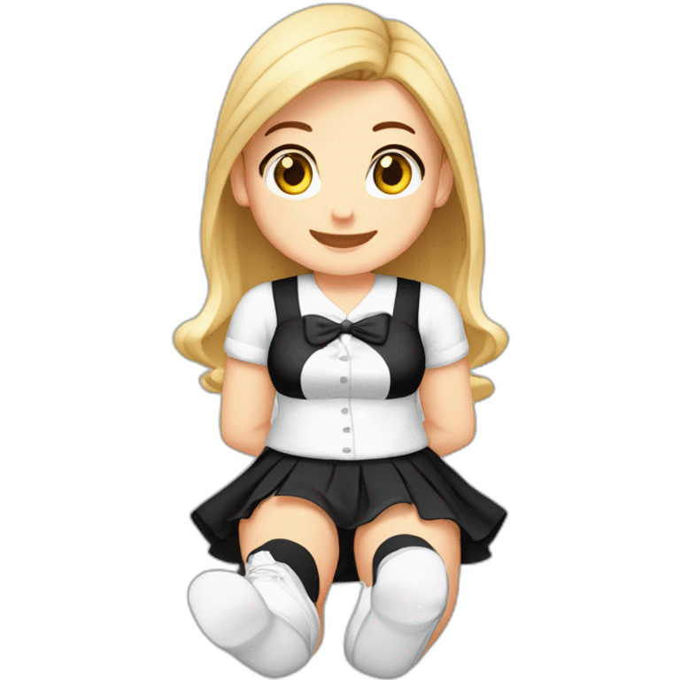 Front view full body curvy caucasian beauty sitting straight hands up black skirt white knickers white socks emoji