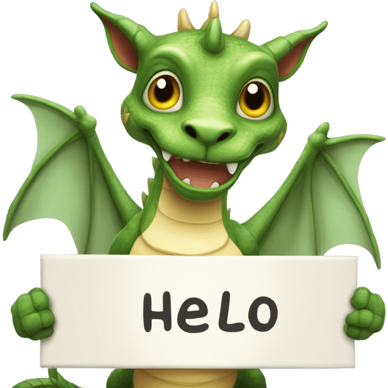  An adorable, mythical creature (a mix of a dragon and a cat)  It's looking up with big, shiny eyes, holding board SAYING HELLO with a welcoming smile emoji