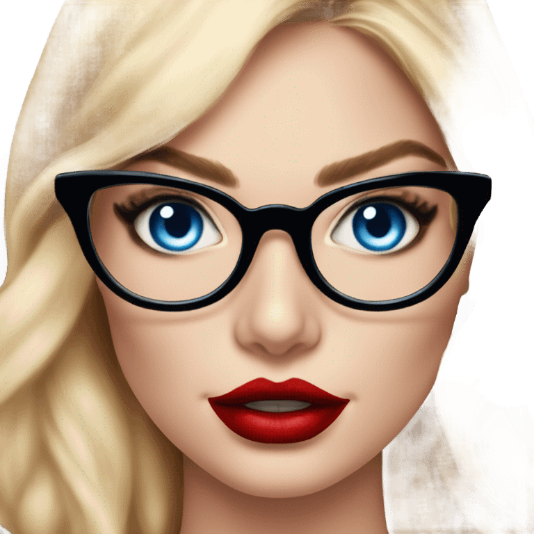 Real Margot Robbie, bright blue eyes and winged eye liner, red kisses, wearing black glasses  emoji