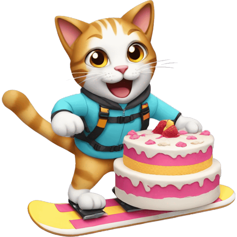 cat snowboarding with a birthday cake emoji