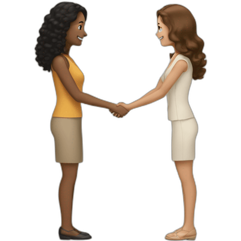 tan woman with black curly hair shakes hands with a woman who has straight light brown hair emoji