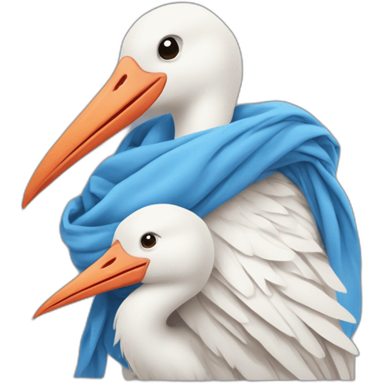 White stork carrying a blue bundle of cloth in its beak that has a human person cute baby with and the human baby head is peeking from the fabric bundle the strok is carrying with its beak emoji