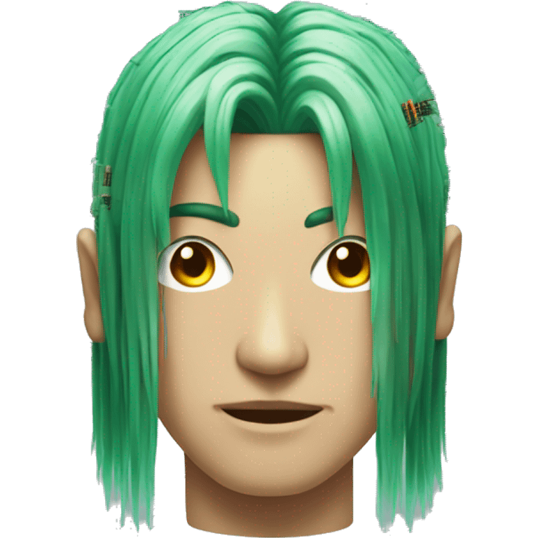 Head of Asian male cyborg with long green hair and circuits emoji