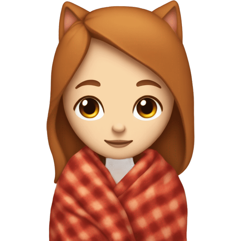 A white girl with brown hair sleeps with a red cat in a blanket emoji