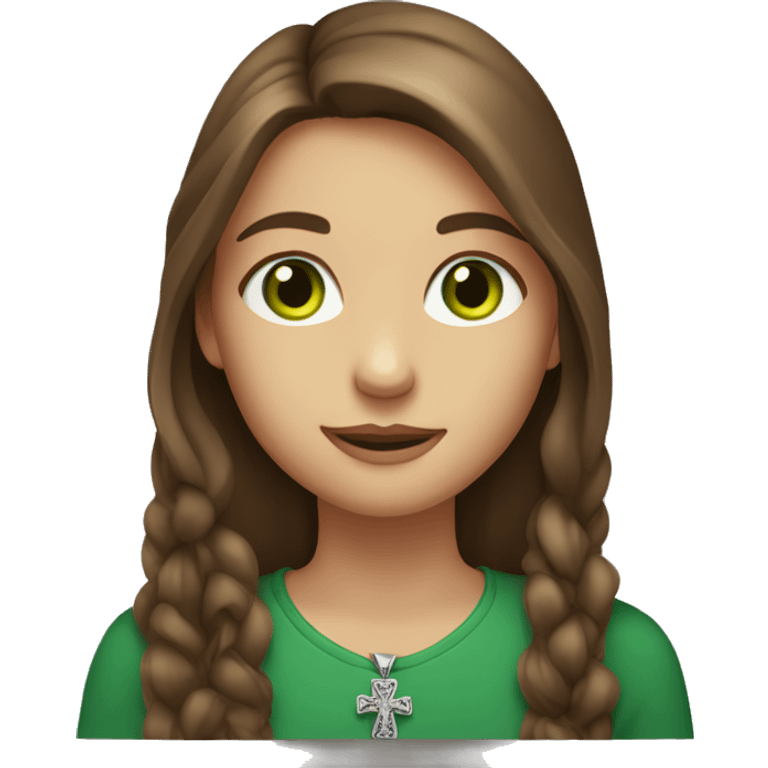 girl with long brown hair and green eyes and cross necklace emoji