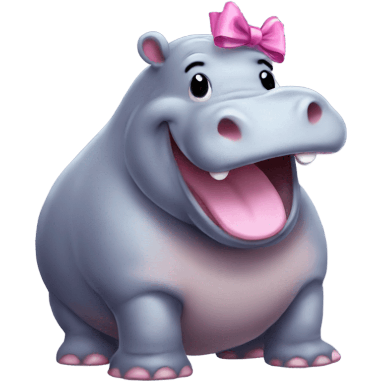 Hippo with pink bow laughing. Make it with cozy vibe emoji