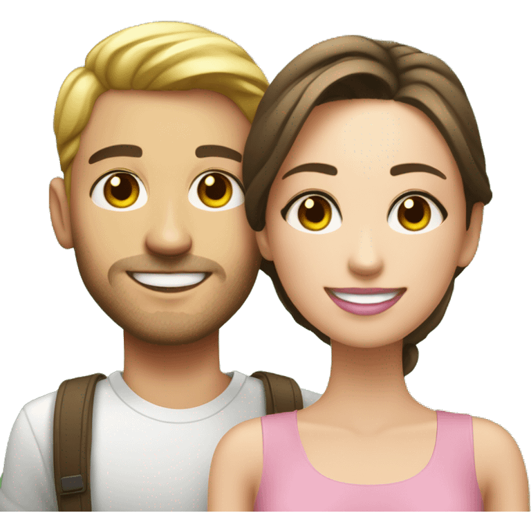 smiling couple indoors realistic make the guy tan with dark brown eyes and girl with hazel green eyes and pale skin and pink lips emoji