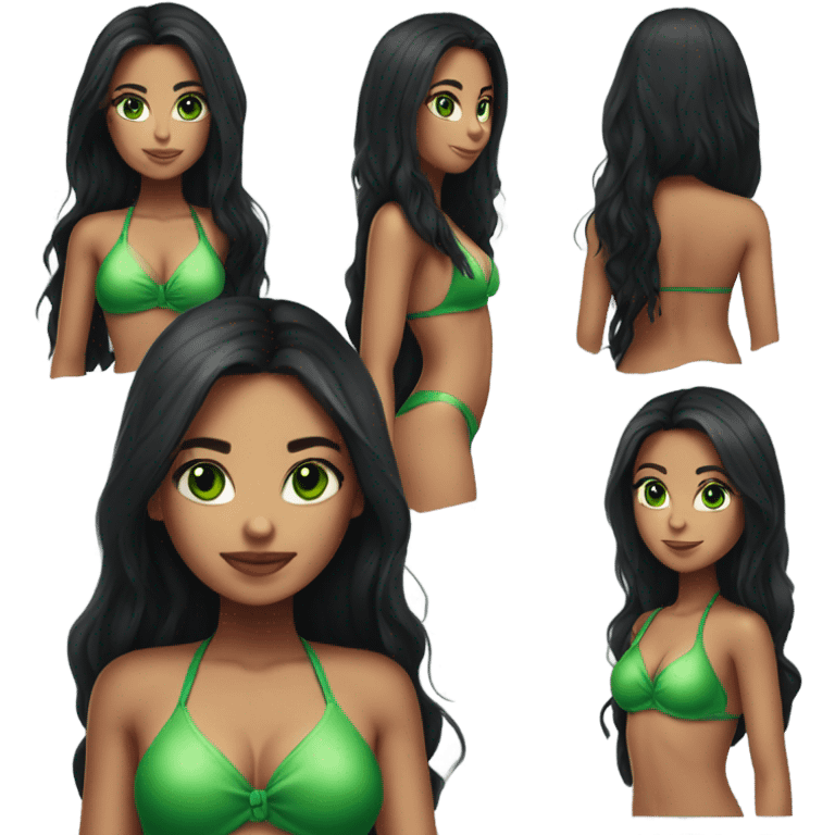 girl with long black hair, green eyes posing in bikini emoji