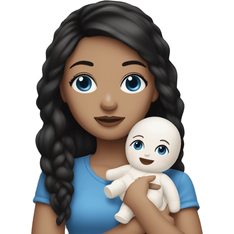 white girl with black hair and blue eyes playing with baby doll emoji