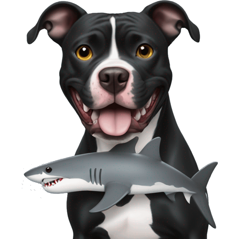 Black pitbull with shark toy playing emoji