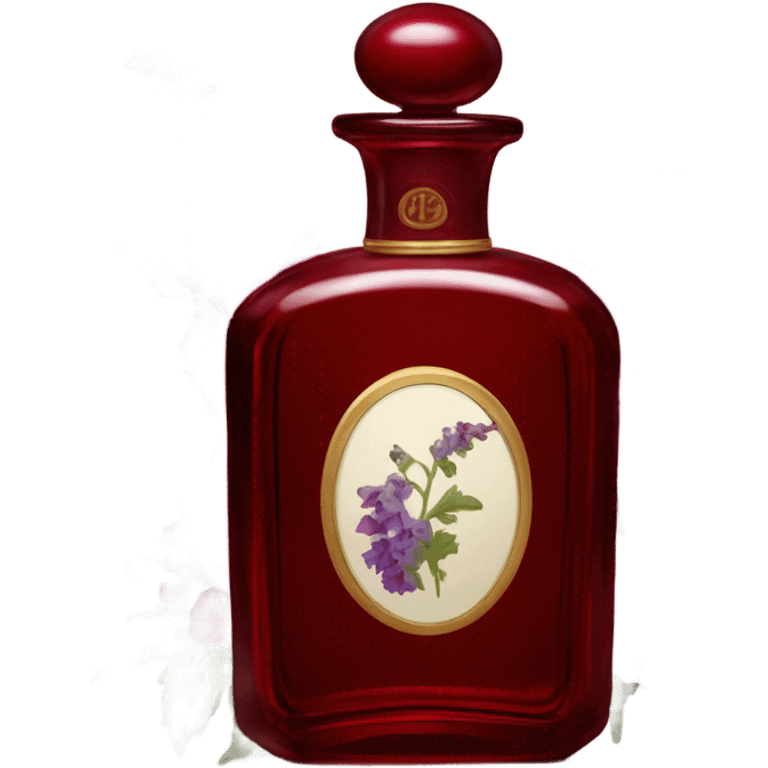 Dark red vintage French style perfume bottle with red delphiniums emoji